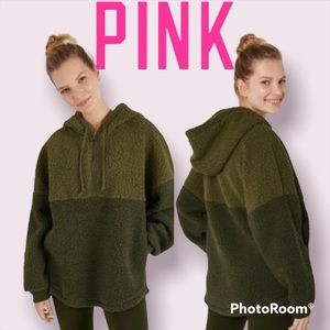 VS PINK Medium Colorblock Sherpa Quarterzip Hooded Pullover Olive Army Green